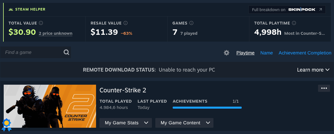 Banda de SteamHelper en una página de Juegos de Steam con el valor total, el valor de reventa, los juegos jugados y el tiempo de juego total.