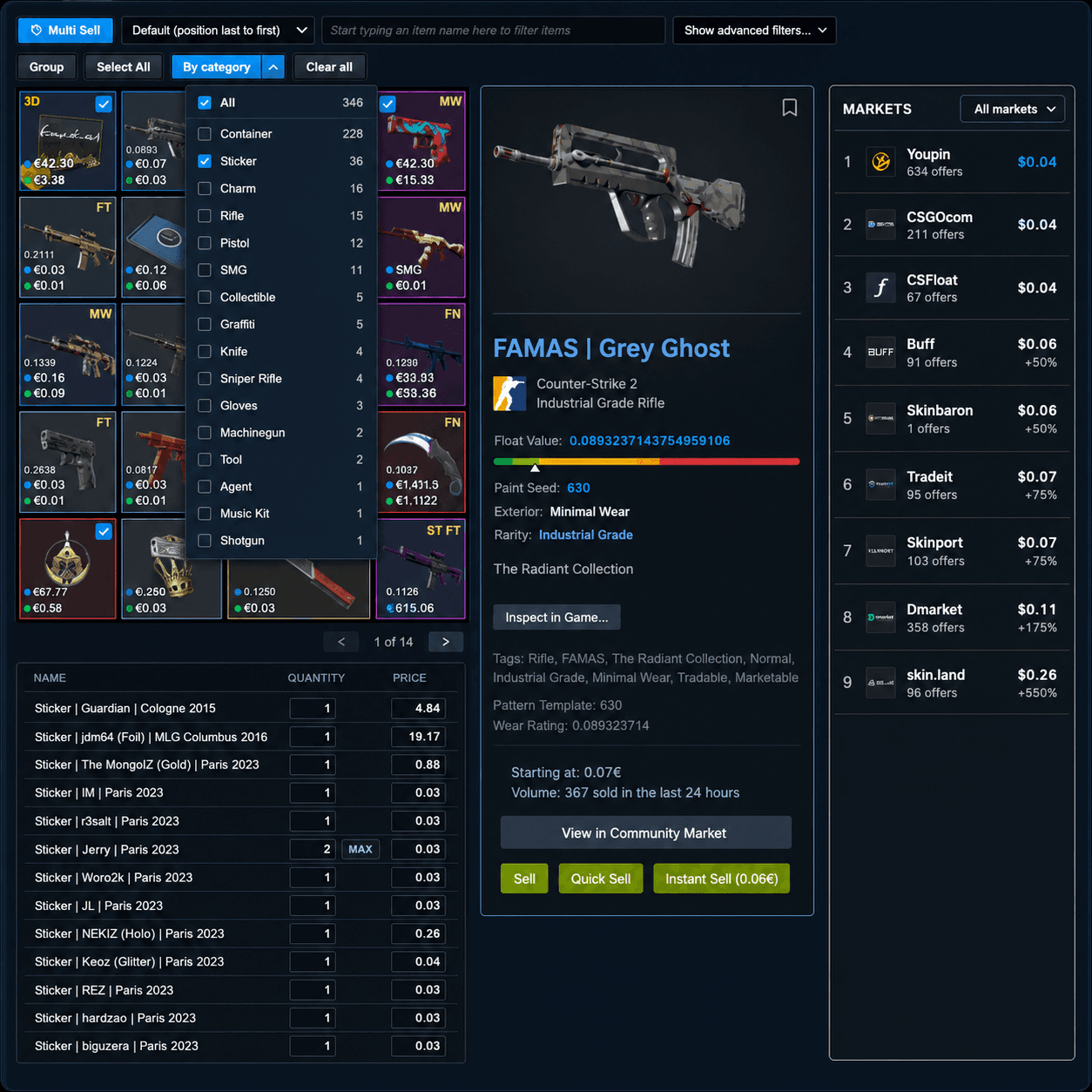 SteamHelper 的批量出售界面:一个 Steam 库存中选中了多件物品,一张带建议价格的审核表格,以及一个市场比价面板
