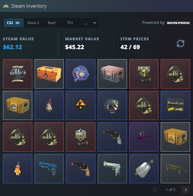 SteamHelper 注入到 Steam 个人资料页的库存面板,显示 Steam 总价值、市场价值、已定价物品数量以及 Steam 物品网格。