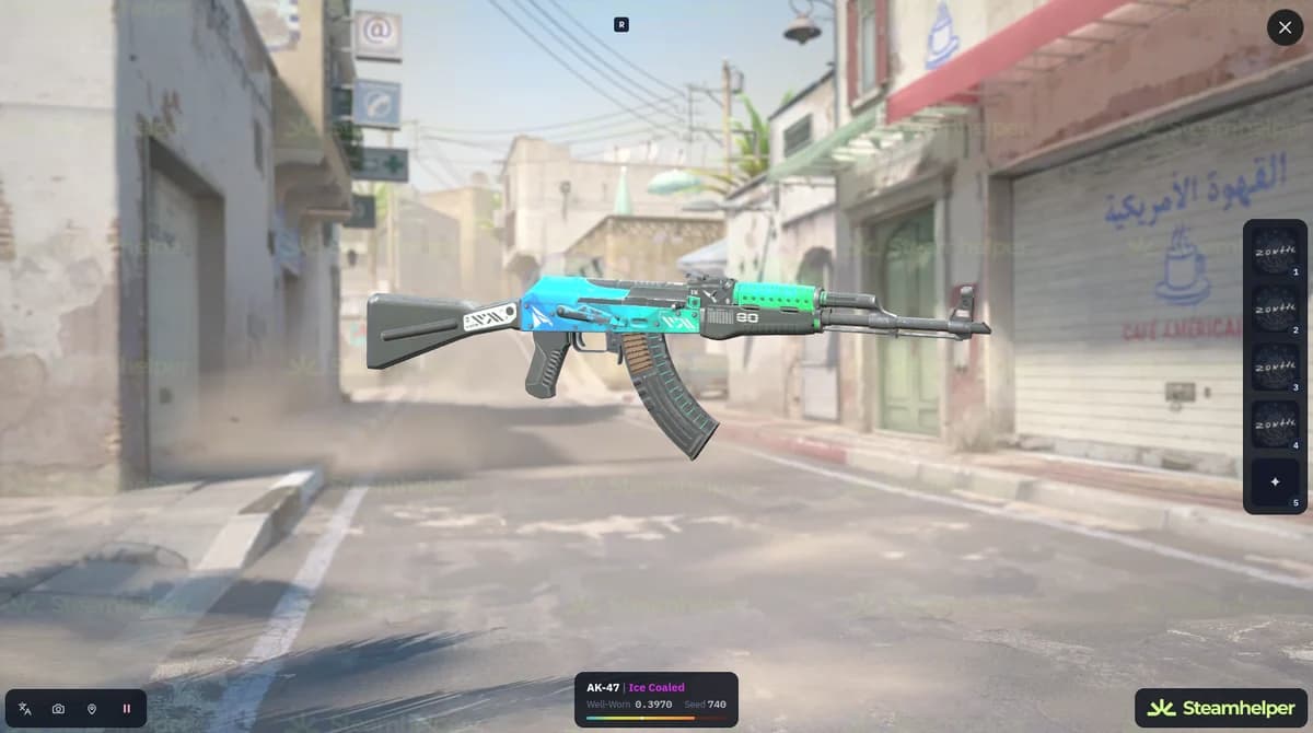Un AK-47 | Ice Coaled con pegatinas en el visor 3D de SteamHelper en el navegador, con su desgaste y semilla.